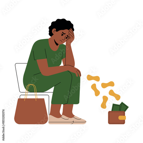 A person sits with head in hand, looking distressed as money falls out of their wallet.