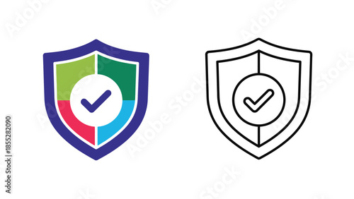 Two shield icons one colored and one outline with a checkmark inside