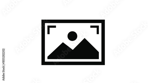 Black and white icon depicting a camera with a viewfinder and lens