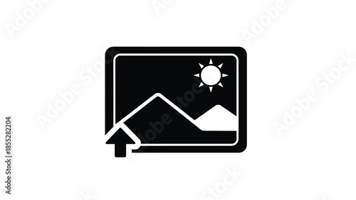 A black and white icon depicting a landscape with a sun and upload symbol