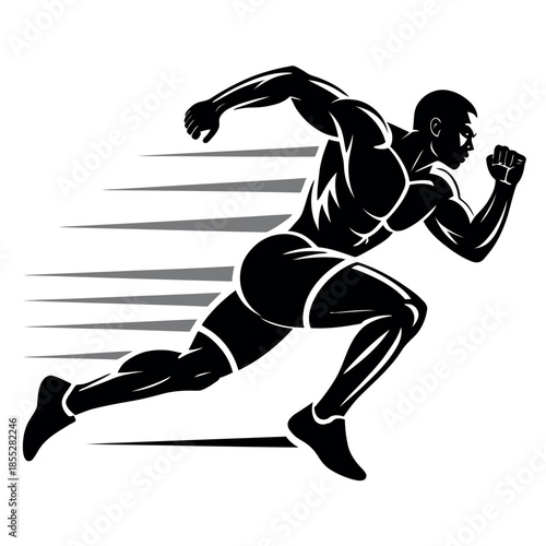 An athletic silhouette of a runner in full stride, depicted with speed lines.