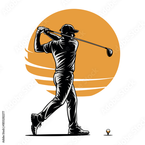 A silhouette of a golfer swings a club against a stylized sun.
