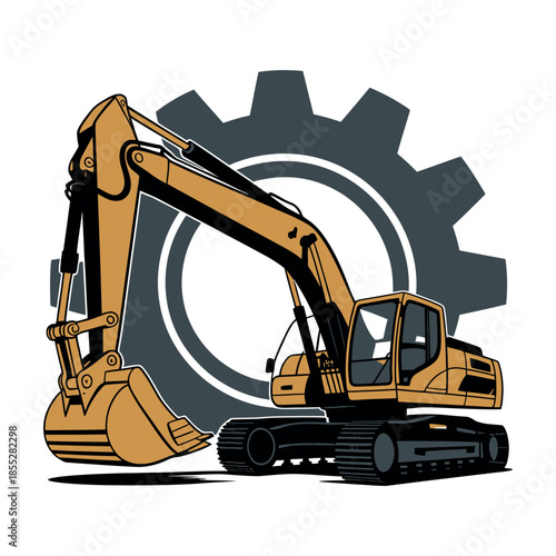 A yellow excavator is positioned in front of a large gray gear.