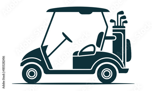 A golf cart with clubs sits ready for a round of golf on the course.