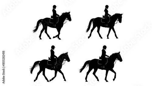 Equestrian Motion Silhouettes of Horse and Rider in Four Dynamic Poses on White Background