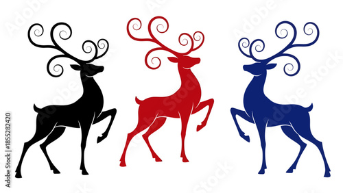 Prancing Trio Stylized Reindeer Silhouettes in Black, Red, and Blue with Curly Antlers on White Background
