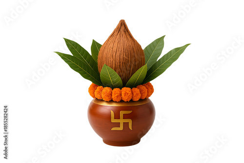 Traditional Hindu Kalash with Coconut Leaves and Marigold Isolated on a Transparent Background
