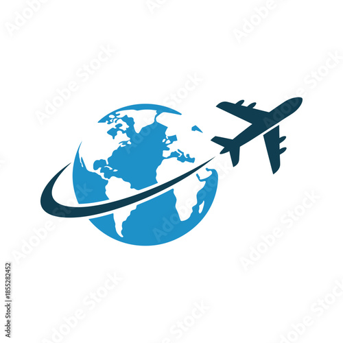 An airplane flies around the globe, symbolizing worldwide travel and global connectivity.