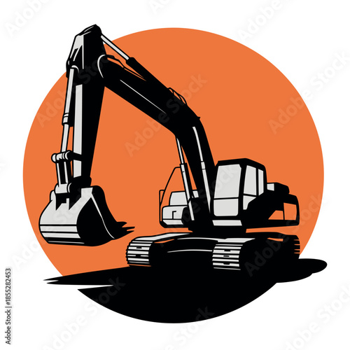 A stylized excavator is depicted in front of an orange circle and dark shadow.