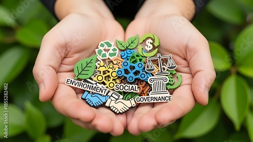 ESG concept in hands with environmental social and governance icons  sustainable development