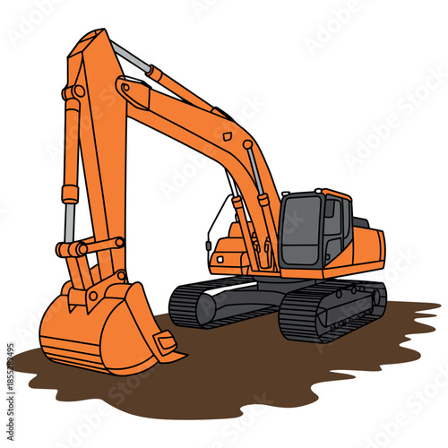 An orange excavator with a large bucket sits on a dirt surface with a white background.