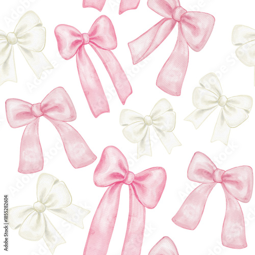 Watercolor seamless pattern with pink white ribbon bows. Soft hand painted repeating background perfect for wrapping paper, textile, baby shower, wedding design, scrapbook, and romantic holiday