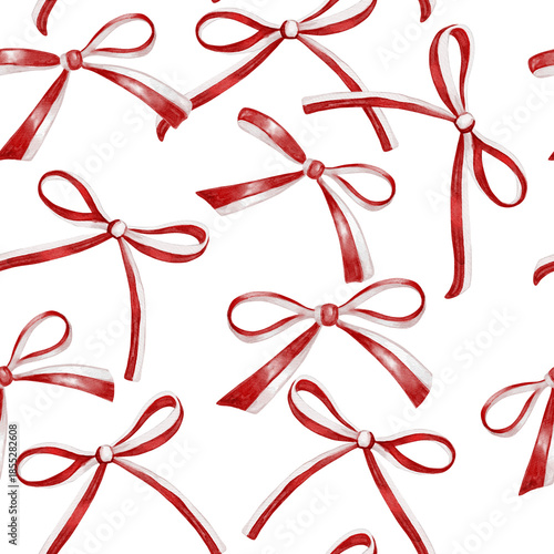 Watercolor seamless pattern with red ribbon bows. Festive hand painted background perfect for wrapping paper, textile, scrapbook, holiday prints, and Christmas design projects.