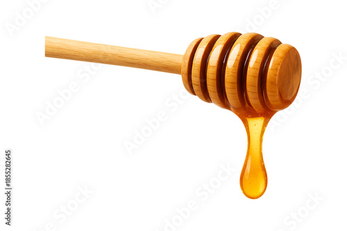 Wooden Honey Dipper with Golden Honey Dripping Isolated on a Transparent Background