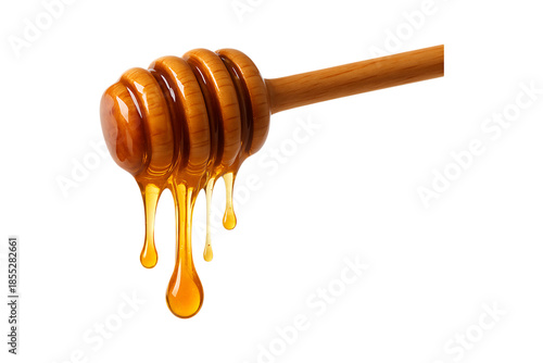 Wooden Honey Dipper with Thick Honey Drops Isolated on a Transparent Background