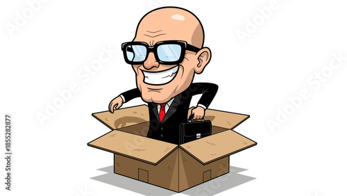 Think Outside the Box Cartoon Bald Man in Suit with Briefcase Emerging from Cardboard Box, Smiling Boldly