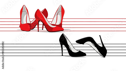 Fashion Score Red and Black High Heels on Stylized Musical Staff Lines in Artistic Composition