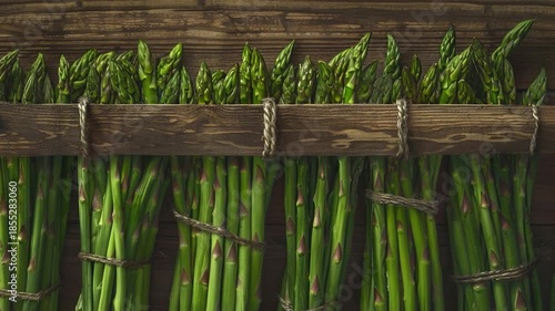 Video Fresh asparagus hanging from a wooden rack, perfect for kitchen or market scene