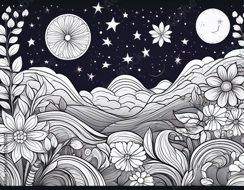 abstract floral coloring page with stars and moon in night sky