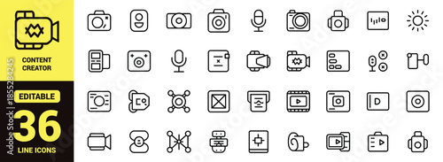 Content Creator and Media Production Line Icon Set with Camera, Microphone, Video Recording, Social Media, and Digital Vlogging Symbols