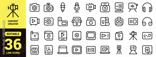 Content Creator and Media Production Line Icon Set with Camera, Microphone, Video Recording, Social Media, and Digital Vlogging Symbols