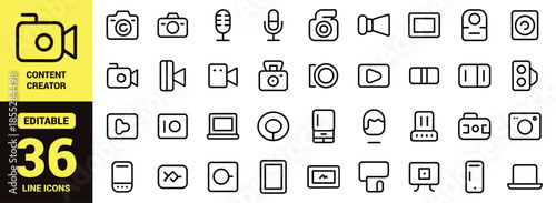 Content Creator and Media Production Line Icon Set with Camera, Microphone, Video Recording, Social Media, and Digital Vlogging Symbols