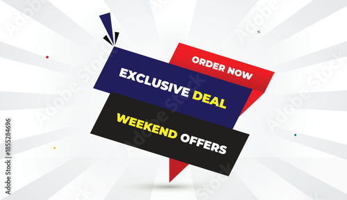 exclusive deal weekend order now editable eps format web banner vector art illustration template design red blue black shapes yellow bold font white gray gradient abstract illustration sunshine busine