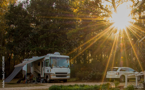An RV is parked in a peaceful forest setting, surrounded by tall trees. Sunlight filters through the branches, illuminating the campsite.