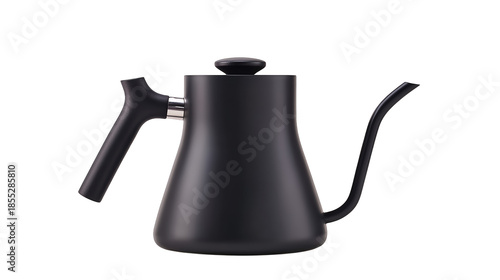 Modern matte black gooseneck kettle for pour over coffee brewing.

