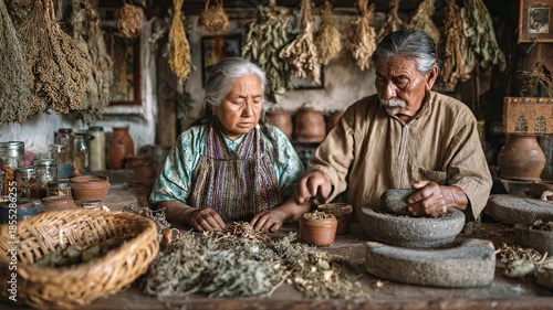 Wallpaper Mural Authentic portrait of senior Mexican couple preparing traditional herbal medicine. Man grinds herbs, woman sorts dried plants. Traditional lifestyle, natural remedies, rustic home. Torontodigital.ca