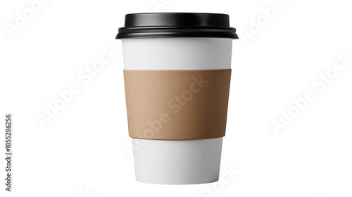 White paper coffee cup with cardboard sleeve for takeaway drinks.

