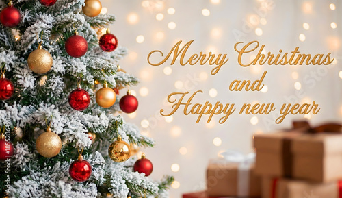 Christmas tree with gifts and decorations, happy new year 2026, merry Christmas greeting card