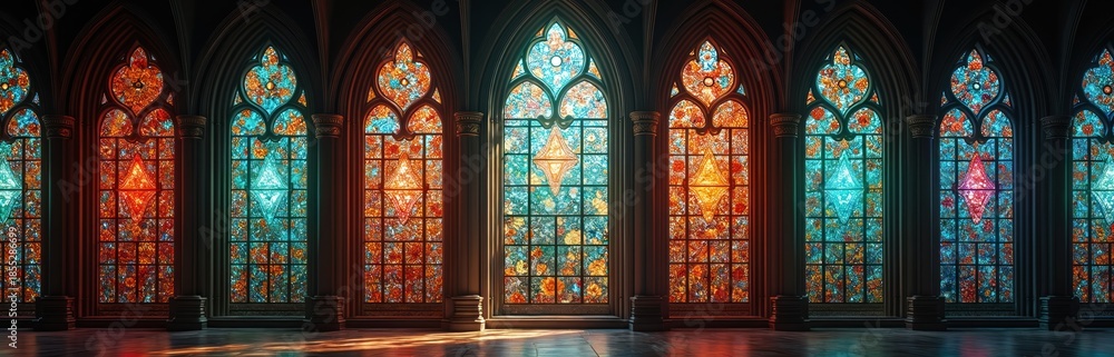 Fototapeta premium Interior view of cathedral hall with ornate stained-glass windows. Colorful glass panels emit light, creating sacred atmosphere. Intricate patterns show artisanal craft. Divine divine beauty.