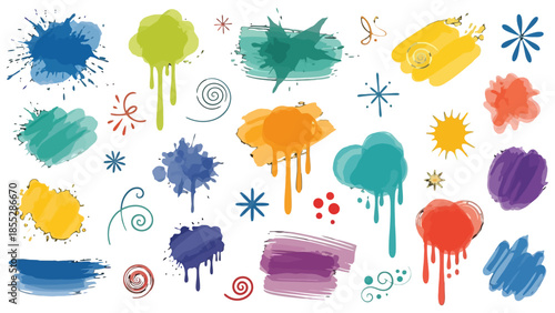 Vibrant Colorful Paint Splatters, Dripping Ink, and Artistic Elements on Isolated White Background