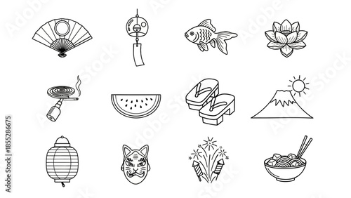 Set of Black and White Outline Icons Featuring Japanese Summer and Cultural Elements, isolated white background
