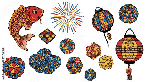 Colorful Collection of Japanese Cultural Elements, Featuring Koi Fish, Fireworks, Decorative Lanterns, and Geometric Patterns, isolated white background
