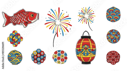 Traditional Japanese Cultural Elements Including Koi Fish, Fireworks, Lanterns, and Geometric Patterns, isolated white background