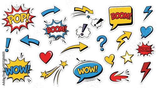Vibrant Comic Book Speech Bubbles and Sound Effects Sticker Set on Isolated White Background