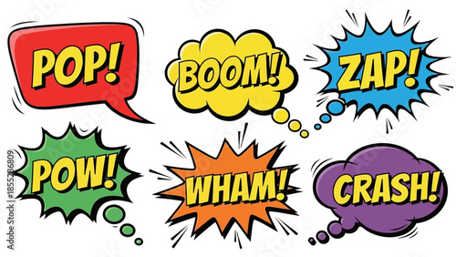 Pop Art Comic Speech Bubbles with Exclamations POP, BOOM, ZAP, POW, WHAM, CRASH, isolated white background