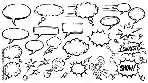 Set of Black and White Comic Style Speech Bubbles with Thought Bubbles, Speed Lines, and Sound Effects on an Isolated White Background.