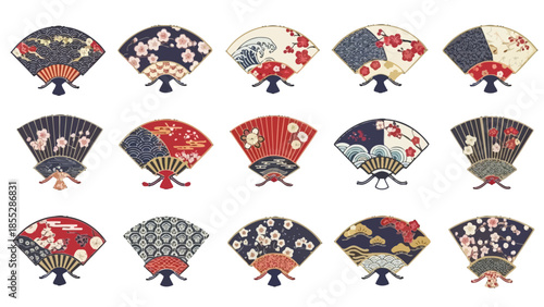 Elegant Collection of Japanese Traditional Folding Fans with Diverse Intricate Patterns on an Isolated White Background.