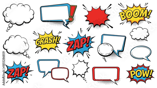 Bold Comic Speech Bubbles with Sound Effects Boom, Zap, Crash, Pow, and Blank Spaces, isolated white background