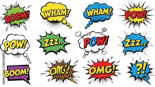 Vibrant Comic Book Speech Bubbles and Sound Effects Collection Including BOOM!, WHAM!, POW!, and Zzz.. on an Isolated White Background.