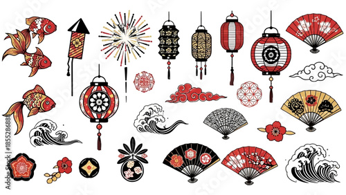Japanese Traditional Cultural Elements Collection with Lanterns, Fans, Koi Fish, and Fireworks on an Isolated White Background.