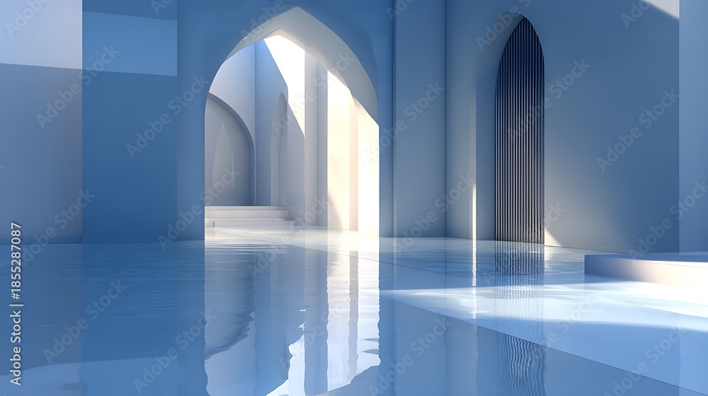 Fototapeta premium Futuristic Architectural Hallway with Arches and Reflective Water Floor architecture interior photo