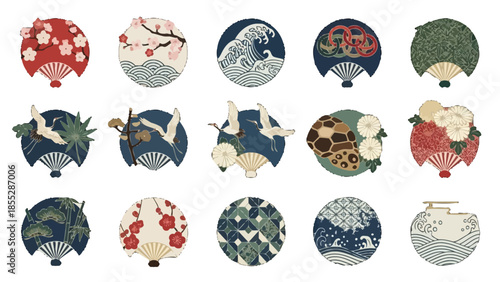 Set of Japanese Traditional Fan Designs in Circular Icons with Flowers Waves and Cranes on Isolated White Background