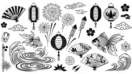 Traditional Japanese Cultural Elements Set in Black and White Outline on Isolated White Background