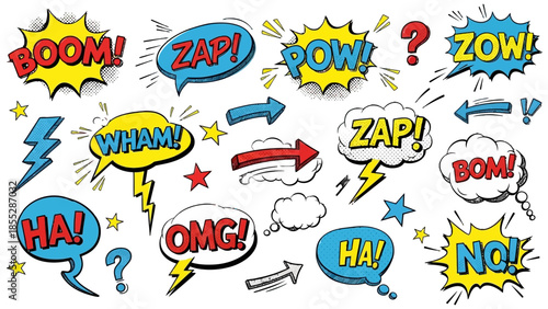 Dynamic Comic Speech Bubbles and Sound Effects with Arrows and Stars on Isolated White Background