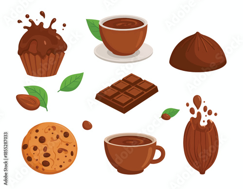 Delicious chocolate desserts and sweets vector illustration set.