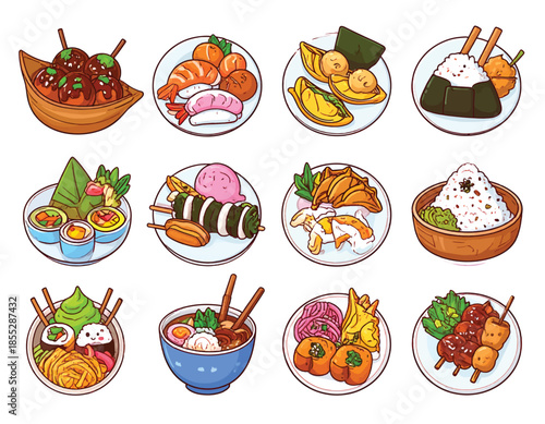 Collection of delicious and colorful Japanese food illustrations on plates.